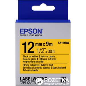 Картридж зі стрічкою Epson LabelWorks LK4YBW9 Strong Adhesive 12 мм 9 м Black/Yellow (C53S654014) краща модель в Харкові