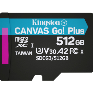 Kingston MicroSDXC 512 ГБ Canvas Go! Plus Class 10 UHS-I U3 V30 A2 (SDCG3/512GBSP) краща модель в Харкові