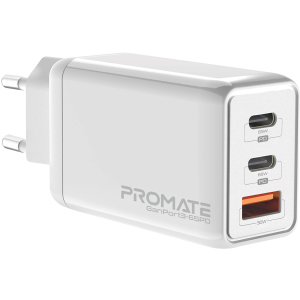 Мережевий зарядний пристрій Promate GaNPort3-65PD 65 Вт, 2хUSB-C+USB-A White (ganport3-65pd.white) в Харкові