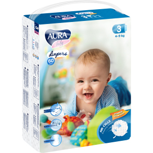 Підгузки одноразові для дітей AURA baby 3/M 4-9 кг mega-pack 60 шт (4752171003286)