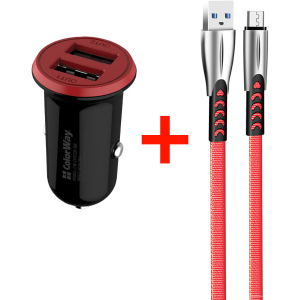 Зарядний пристрій ColorWay 2USB AUTO ID 3.4A (17W) + Кабель MicroUSB (zinc alloy) 2.4А 1 м Red (CW-CHA026-BK/CBUM011-RD)