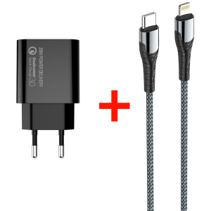 Сетевое зарядное устройство СolorWay Power Delivery Port USB Type-C (20W) V2 + Кабель Type-C-Apple Lightning (PD 30W) 3.0А 1 м (CW-CHS026PD-BK/CBPDCL033-GR) надежный