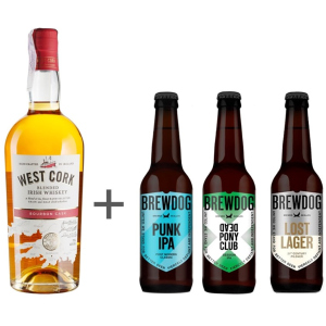 хорошая модель Набор виски бленд West Cork Bourbon Cask, 0.7 л 40% + Пиво BrewDog: Punk IPA, 0.33 л + Dead Pony Сlub, 0.33 л + Lost Lager, 0.33 л (1121000057340)