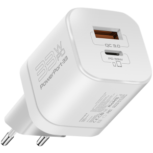 купити Зарядний пристрій Promate PowerPort-33 Вт USB-C+USB-A White (powerport-33.white)