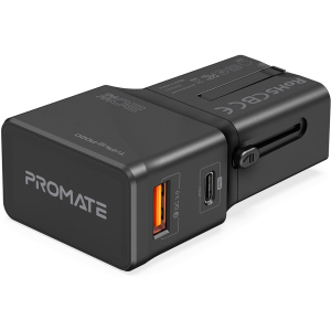 Мережевий зарядний пристрій Promate TriPlug-PD20 USB-C PD+USB-A QC та EU/US/UK/AUS штекер Black (triplug-pd20.black)