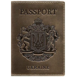 Новий Обкладинка для паспорта шкіряна з українським гербом BlankNote BN-OP-UA-o Темно-коричнева ТОП в Харкові