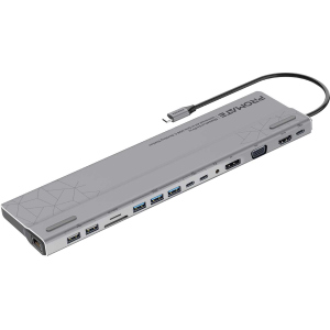 Док станция 15-в-1 Promate BaseLink-Pro USB-C PD/HDMI/VGA/DisplayPort/3xUSB 3.1/2xUSB-C 3.1/2xUSB 2.0/RJ45/SD/MicroSD/AUX 3.5 мм Grey (baselink-pro.black) в Харькове