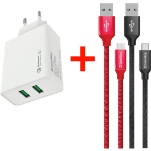 Сетевое зарядное устройство ColorWay 2USB Quick Charge 3.0 (36W) White + Кабель ColorWay Type-C 2.1А 1м Red + Кабель ColorWay Type-C 2.1А 1 м Black (CW-CHS017Q-WT-CBU) надежный