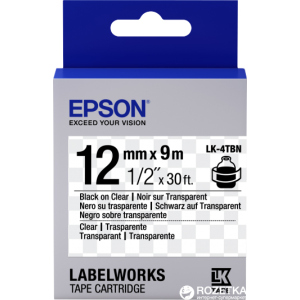 Картридж зі стрічкою Epson LabelWorks LK4TBN 12 мм / 9 м Black/Clear (C53S654012) краща модель в Харкові