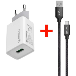 Зарядний пристрій ColorWay 1USB Quick Charge 3.0 (18W) White + Кабель ColorWay USB Type-C 2.1А 1 м Black (CW-CHS013Q-WT-CBU) ТОП в Харкові