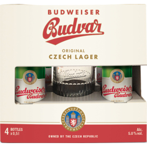 Подарунковий набір пиво Budweiser світле відфільтроване 5% 0.5 л x 4 шт. + кухоль 0.5 л (8594403707380) ТОП в Харкові