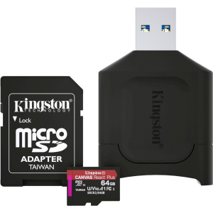 Kingston MicroSDXC 64GB Canvas React Plus Class 10 UHS-II U3 ​​​​V90 A1 + SD-адаптер + USB-кардрідер (MLPMR2/64GB) ТОП в Харкові