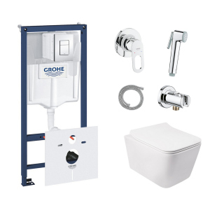 Комплект инсталляция Grohe Rapid SL 38827000 + унитаз с сиденьем Qtap Crow QT05335170W + набор для гигиенического душа со смесителем Grohe BauLoop 111042 ТОП в Харькове