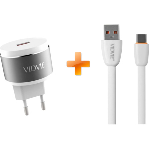 Сетевое зарядное устройство Vidvie PLE211Q 1USB 1.5A + USB Type-C cable White-Silver (6970280941444) лучшая модель в Харькове