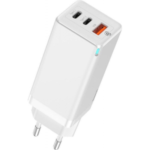 Зарядное устройство Baseus Pro GaN Quick Charge 65W (2 Type-С+USB) c кабелем USB-C для MacBook/iPad/iPhone/Android white надежный