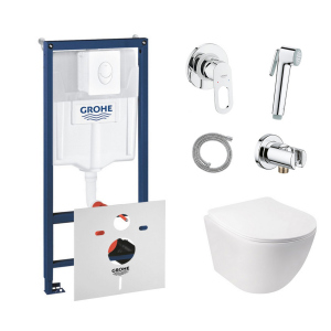 Комплект инсталляция Grohe Rapid SL 38722001 + унитаз с сиденьем Qtap Jay QT07335176W + набор для гигиенического душа со смесителем Grohe BauLoop 111042 лучшая модель в Харькове