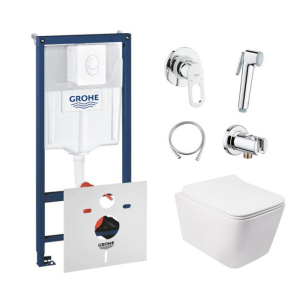 Комплект інсталяція Grohe Rapid SL 38722001 + унітаз з сидінням Qtap Crow QT05335170W + набір для гігієнічного душу зі змішувачем Grohe BauLoop 111042 (38722001QT05335170W111042) ТОП в Харькове