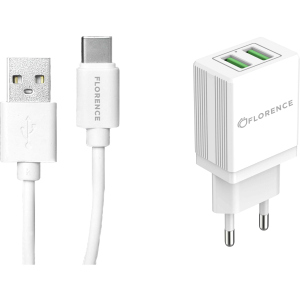 Мережевий зарядний пристрій Florence 2USB 2A + Type-C Cable White (FL-1021-WT) ТОП в Харкові